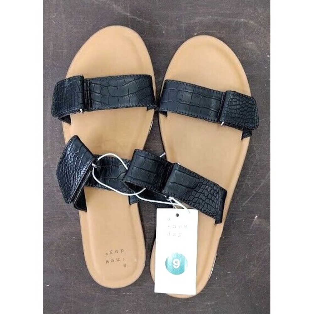 A New Day Womens Black Faux Crocodile Double Strap Slide Sandals Size 9